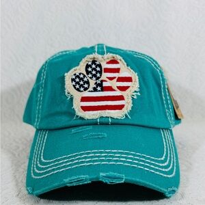 New with tag Teal Distressed Cap with American Flag Paw Print